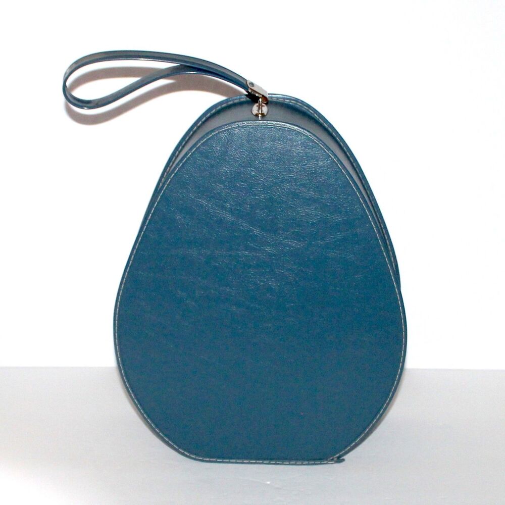 Vintage Travel Case Teardrop Shape teal blue top handle 1960s hard shell luggage